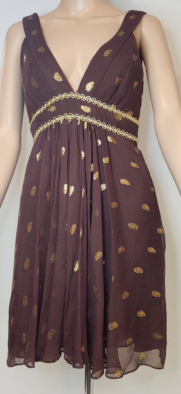 Milly of New York Womens Brown & Gold Silk Chiffon Cocktail Dress-Size 4